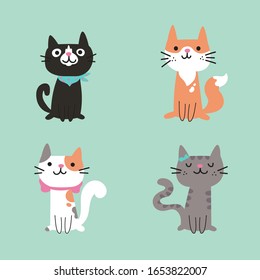 Set of different cartoon cats.Four lovely kittens sitting together.Hand drawn pets.Vector flat cartoon illustration isolated on blu background.Template design.