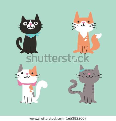 Set of different cartoon cats.Four lovely kittens sitting together.Hand drawn pets.Vector flat cartoon illustration isolated on blu background.Template design.
