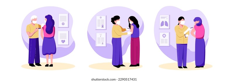 Set of different cartoon characters boosting immune system health. Group of patients and doctors engaged in flu or coronavirus vaccination in hospital. Vector