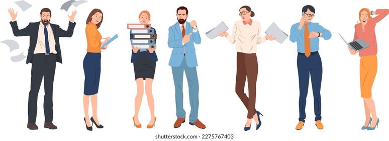 Conjunto de diferentes personajes de dibujos animados haciendo sus tareas y actividades. Aumento de la productividad y la eficiencia en las empresas. Problemas de manejo del tiempo. Logro de los objetivos de carrera. Vector