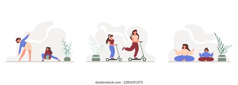 Set of different cartoon characters doing morning exercises. Healthy and active lifestyle. Regular physical activity. Practicing yoga and riding scooters. Vector