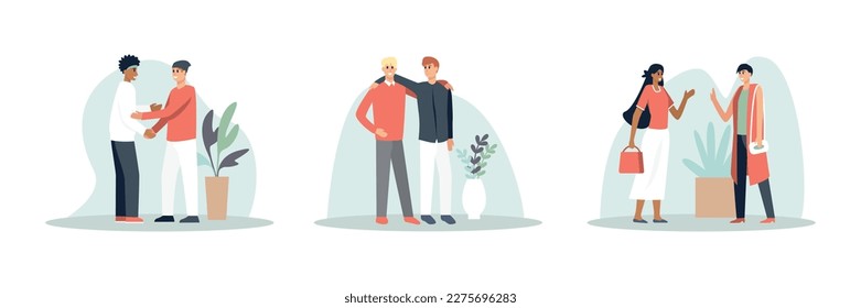 Set of different cartoon characters feeling happy when meeting. Friends spending time together. Human communication and behavior. Bonding relationships between people. Vector