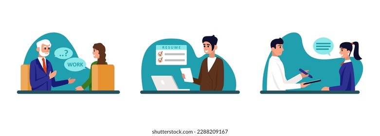 Set of different cartoon characters of HR managers and job seekers. Process of selecting resumes and talking with candidates. Human resource management. Vector