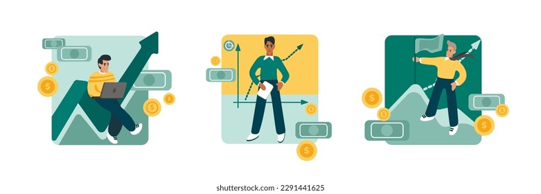 Set of different cartoon characters increasing capital and profits when working. Time for rejoicing in success at work. Career goal achievement. Getting promotion and financial freedom. Vector