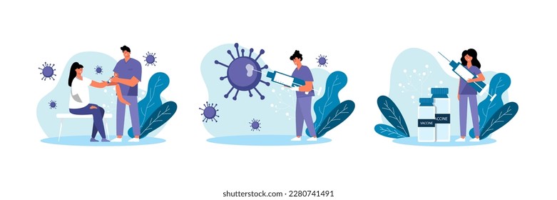 Set von verschiedenen Cartoon-Figuren, die Impfstoffe herstellen. Prozess der Verbesserung der Gesundheit des Immunsystems durch Impfung. Grippe, Influenza oder Koronavirus-Schutz. Vektorgrafik