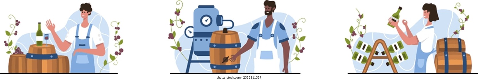 Set of different cartoon characters making wine from organic grapes. Female checking quality of wine in bottles. Young people dealing with winemaking process. Vector flat illustration