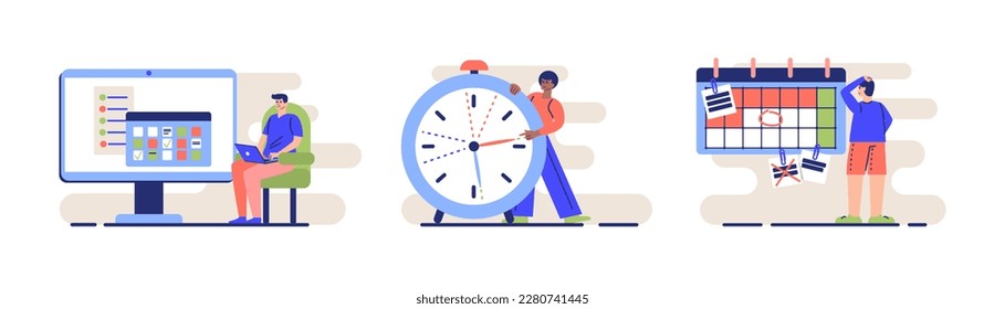 Set of different cartoon characters organizing their time. Time management efficiency. Good business process. People doing different tasks and activities. Vector