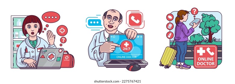 Conjunto de diferentes personajes de caricatura que proporcionan apoyo médico en línea. Consulta médica remota a través de Internet. Realizar diagnósticos y tratar en línea de forma remota. Vector