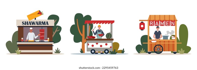 Set of different cartoon characters selling street food. Collection of colorful shops with shawarma, watermelon and ramen. Cooking noodles outdoor. Vector