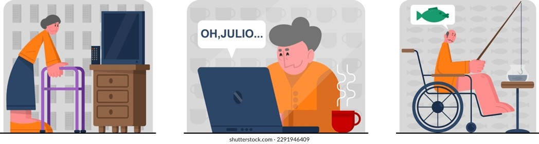 Set of different cartoon characters of senior people. Group of seniors spending time working. Happy old age. Rehabilitation for elderly people. Vector