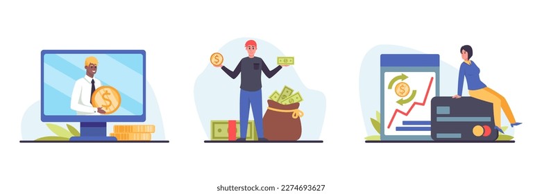 Conjunto de diferentes personajes de dibujos animados que utilizan servicios bancarios. Transacciones bancarias digitales y pagos móviles. Gestión segura de las finanzas. Proceso de inversión monetaria. Vector