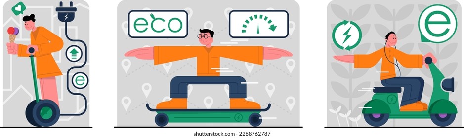 Set of different cartoon characters using eco transport. Young people driving segway, skateboard and motorbike. Usage of green transport. Reducing world energy consumption. Vector