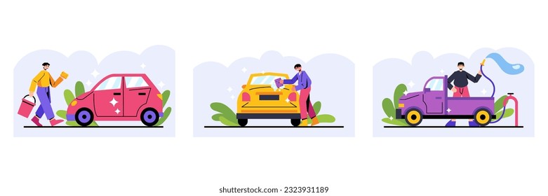 Set of different cartoon characters washing cars. Male holding bucket and sponge and going to clean auto. Place for auto transport wash. Flat vector illustration in pink and yellow colors