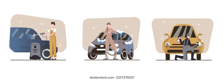 Conjunto de diferentes personajes de dibujos animados lavando coches. Los hombres sostienen esponjas y detergentes y lavan los faros. Lugar para lavado de autotransporte. Ilustración vectorial plana en colores azul y marrón