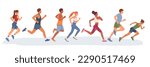 Set of different cartoon characters of young people running. Doing cardio exercises together. Active and healthy lifestyle. Time to lose weight. Vector
