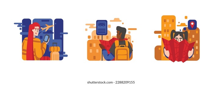 Set of different cartoon characters of young people traveling. Visiting warm countries. Feeling happy when traveling. Time for adventure tourism. Vector
