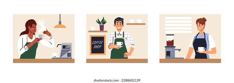 Conjunto de diferentes personajes de caricatura de jóvenes que trabajan como baristas. Grupo de trabajadores profesionales de cafeterías. Haciendo café en la cafetería. Los propietarios de pequeñas empresas. Vector
