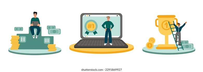 Conjunto de diferentes personajes de dibujos animados de jóvenes que reciben ascensos y un alto salario en el trabajo. Concepto del logro de los objetivos de carrera. Idea de libertad financiera. La gente está aumentando el capital y las ganancias. Vector