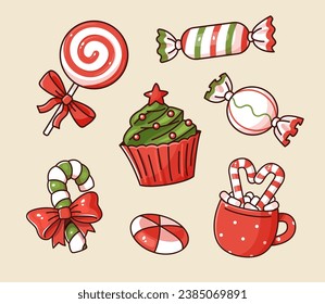 Set of different cartoon Christmas sweets.