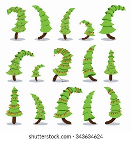Set of different cartoon Christmas trees. Vector illustration.