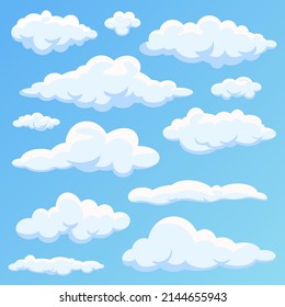 Set of different cartoon clouds isolated on blue sky