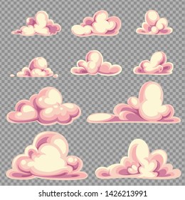 Set of different cartoon clouds in sunset colors on the background imitating transparency