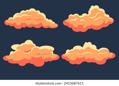 Set of different cartoon clouds vector. Flat orange clouds illustration Orange clouds set. Cartoon sunset cloud, fluffy orange clouds in sky. Simple cartoon orange cumulus vector collection.