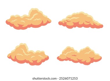 Set of different cartoon clouds vector. Flat orange clouds illustration on white background