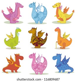 Set different cartoon colorful Dragons on white background. Vector