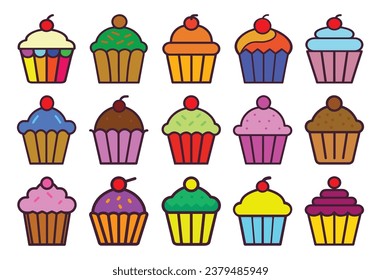 Conjunto de diferentes quequitos de dibujos animados, colección de muffins, quequitos con chocolate y cereza, ilustración vectorial de color aislada