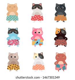 Set of different cartoon, cute kittens in stylish shorts. Vector illustration for calendar, card, banner, postcard and printable.