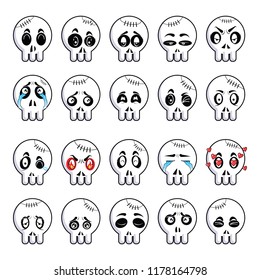 Set of different cartoon cute skulls, face action vector illustration