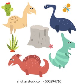 Set of different cartoon dinosaurs on white background.