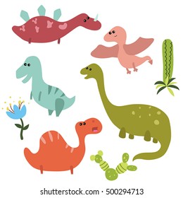 Set of different cartoon dinosaurs on white background.