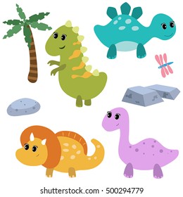 Set of different cartoon dinosaurs on white background.
