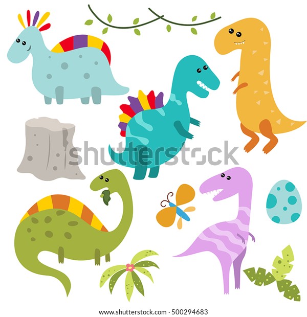 Set Different Cartoon Dinosaurs On White Stock Vector (Royalty Free ...