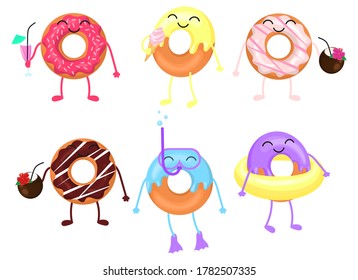 Set of different cartoon donuts. Donut drinks cocktail, eats ice cream and floats. Vector illustration isolated on white background.