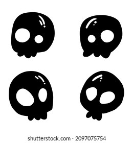 Set of different cartoon doodle skulls in hand drawn sketch black and white monochrome style. Ideal for halloween festive holiday sticker.