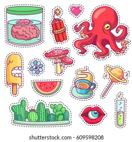 Set of different cartoon elements for print in vector. Crazy fun stickers, pins and patches with comic food, things and plants.