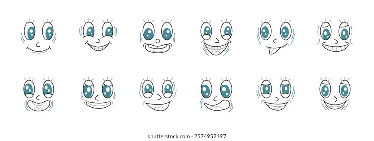 Set of different cartoon faces each expressing a unique happy emotion.