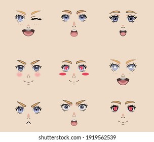 Set of different cartoon facial expressions and emotions for animation. Cute Japanese anime character, manga style girl with big eyes.