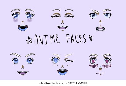 Set of different cartoon facial expressions and emotions for animation. Cute Japanese anime character, manga style girl with big eyes.