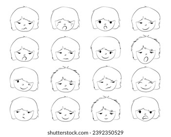 Set of different cartoon facial expressions outline flat vector isolated on white background. Cute emotion faces icons in doodle sketch style. Feelings faces of short hair girl.