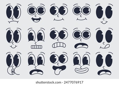 Set of different cartoon facial expressions and emotions. Vector illustration in retro doodle style