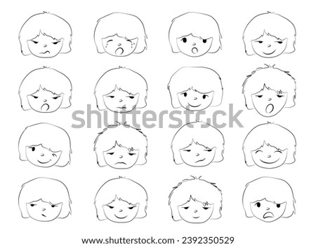 Set of different cartoon facial expressions outline flat vector isolated on white background. Cute emotion faces icons in doodle sketch style. Feelings faces of short hair girl.