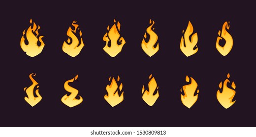 Set of different cartoon fire flames, isolated on dark background. Vector illustration.
