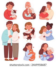 Set of different cartoon flat people hugging feeling love and positive emotion vector graphic illustration. Collection of friends, couple, teens and married embracing isolated on white background