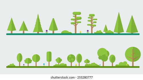 Set of different cartoon flora in flat design. Flowers, bushes, trees.