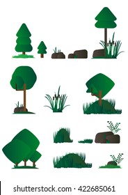 Conjunto de diferentes flora de caricaturas, plantas pantanosas de diseño plano, arbustos, árboles, rocas. Juego de video