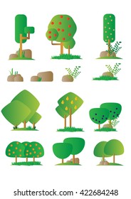 Set of different cartoon flora of orchard in flat design, bushes, trees, rocks. Video Game